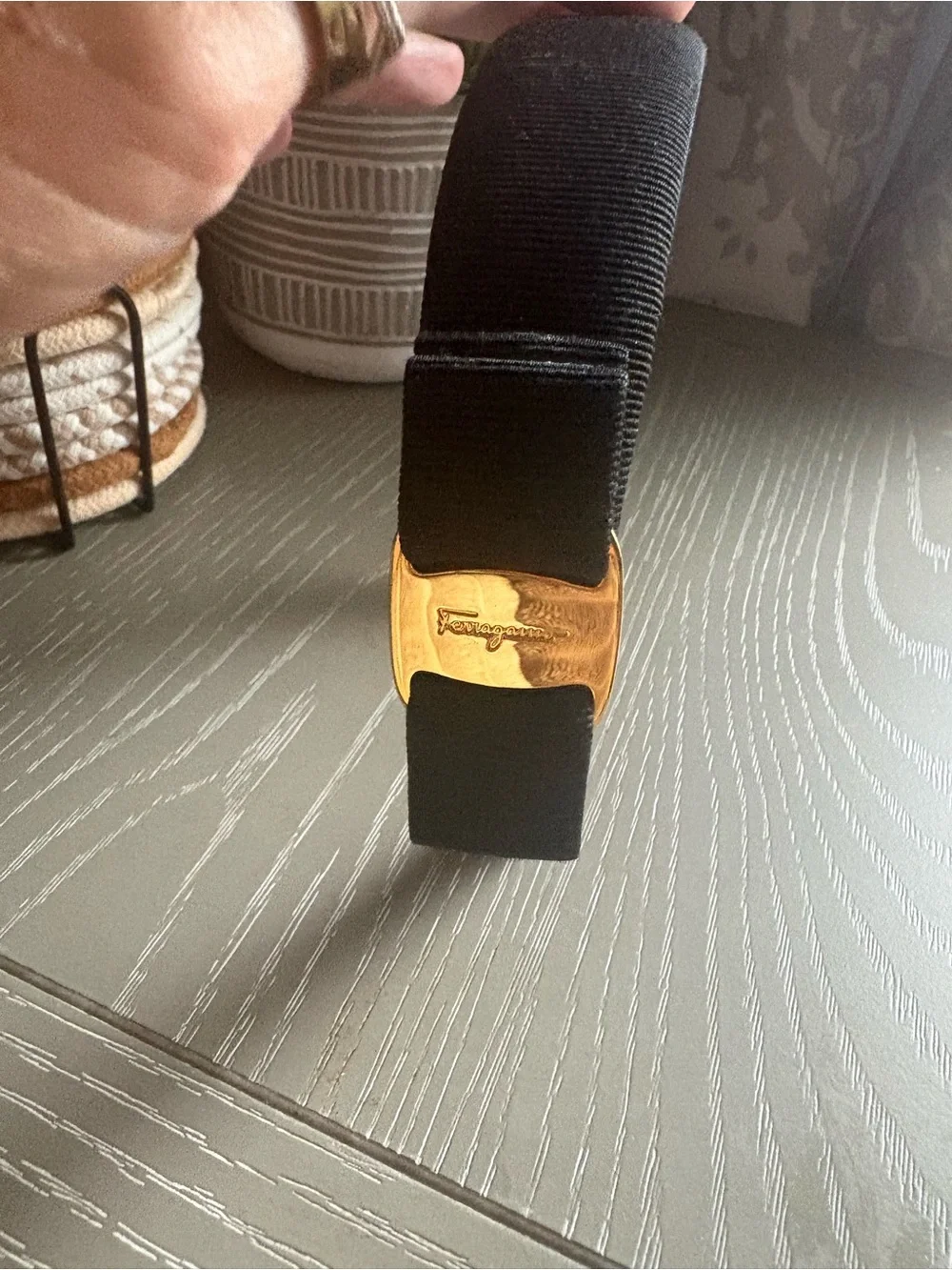 Salvatore Ferragamo Black Grosgrain Headband with Gold Plaque Bow